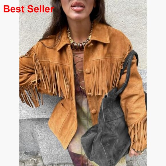 Faux Suede Fringe Jacket Oversized Western Style Long Sleeve - Picture 2 of 5